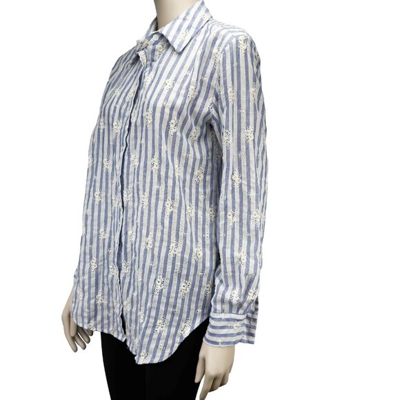 SENSUNIQ PARIS Cotton Striped Blue White Buttoned Up Embroided Floral Shirt sz M - Picture 2 of 7